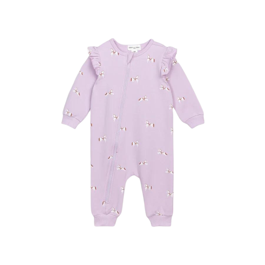 Miles Filly Print on Orchid Ruffled Baby Playsuit